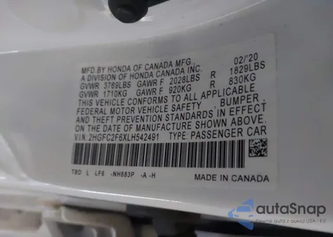 2020 Honda Civic Lx z USA, uszkodzony, nr VIN 2HGFC2F6XLH542491